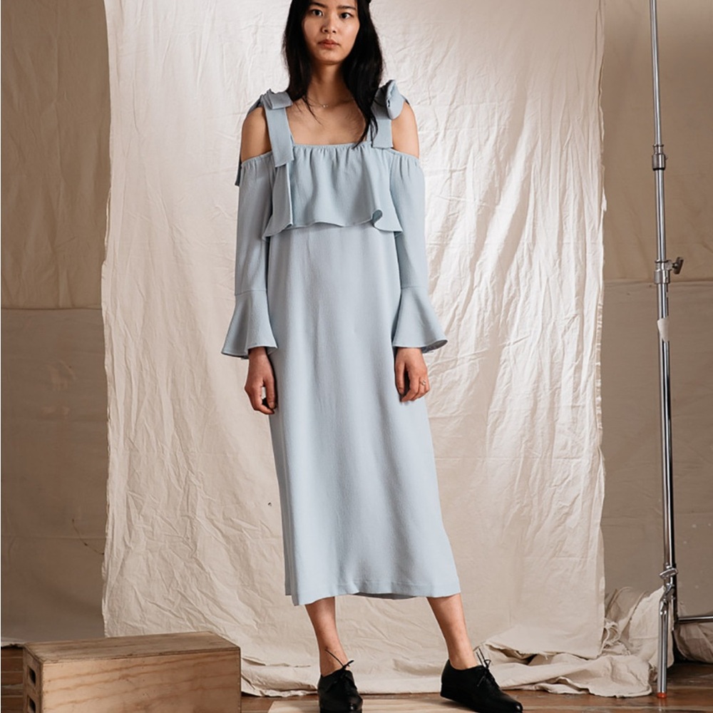 Ganni Clark Bell Sleeve Cold Shoulder Tie Strap Midi Long Dress Light Baby Blue